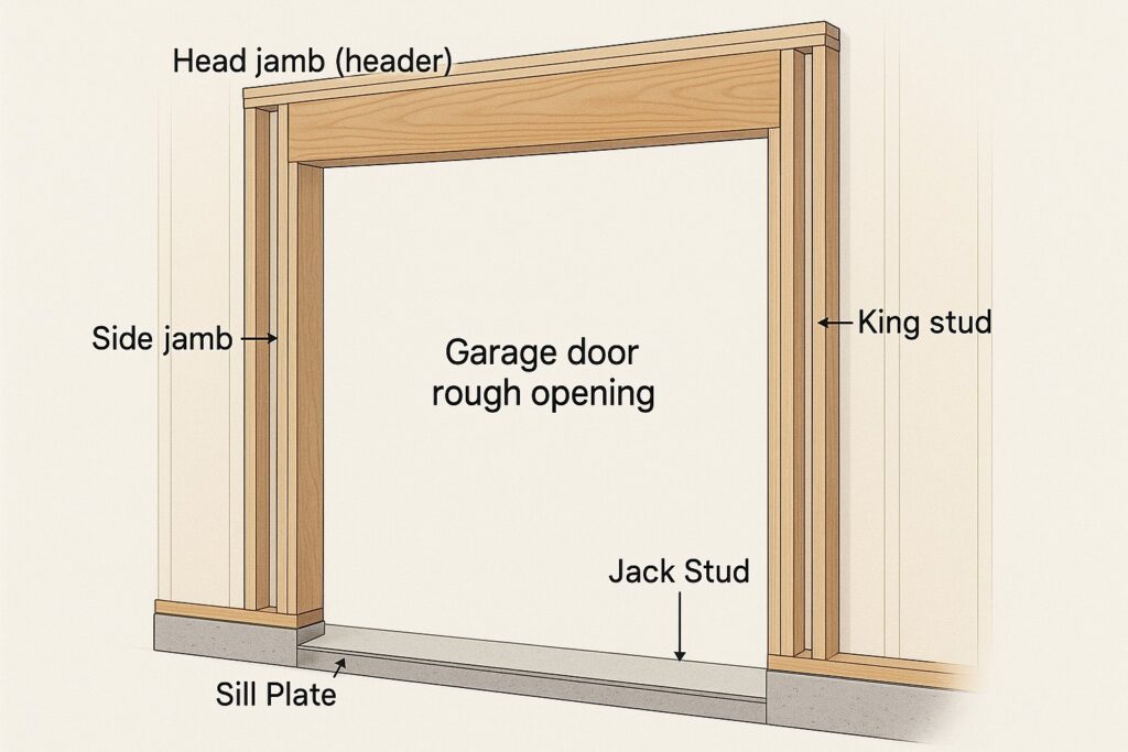 Garage door framing diagram showing header, jambs, sill plate, and studs.