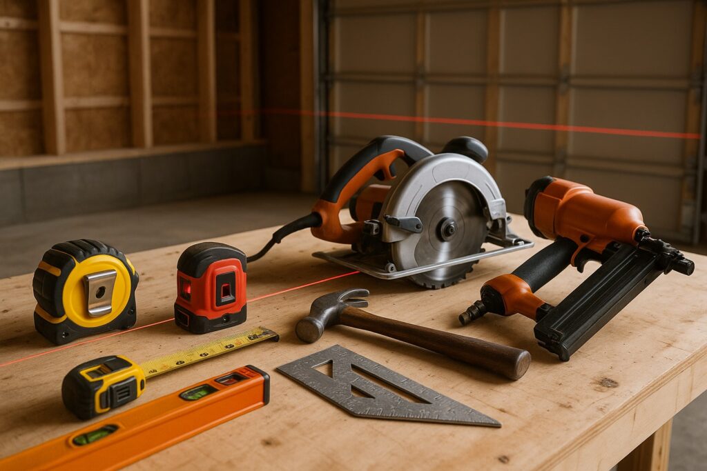 Construction tools and equipment used for garage door framing.