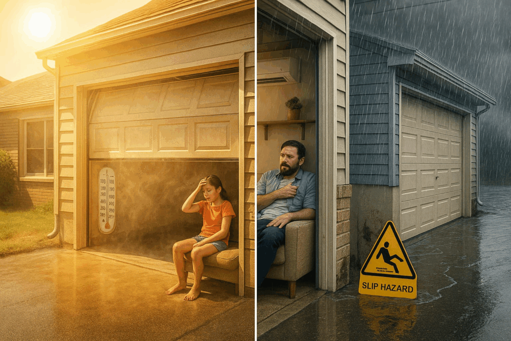 Split image showing garage door problems in extreme weather, with heat on one side and rain leaks on the other, highlighting need for garage door repairs.