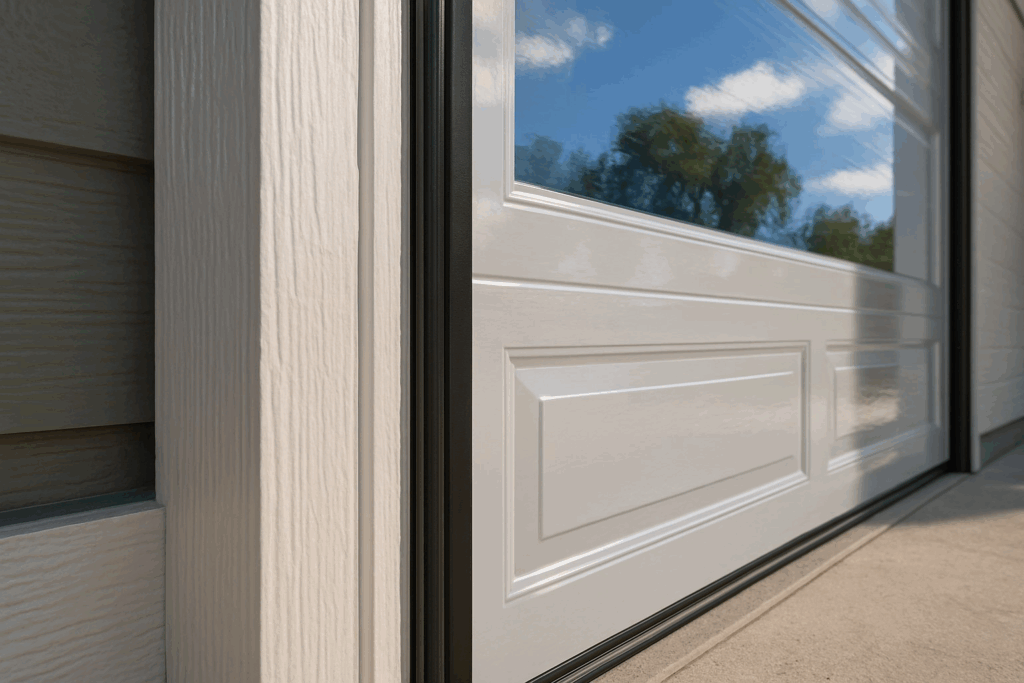 Close-up of energy-efficient garage door with insulated panels and weather sealing, reducing future garage door repairs.