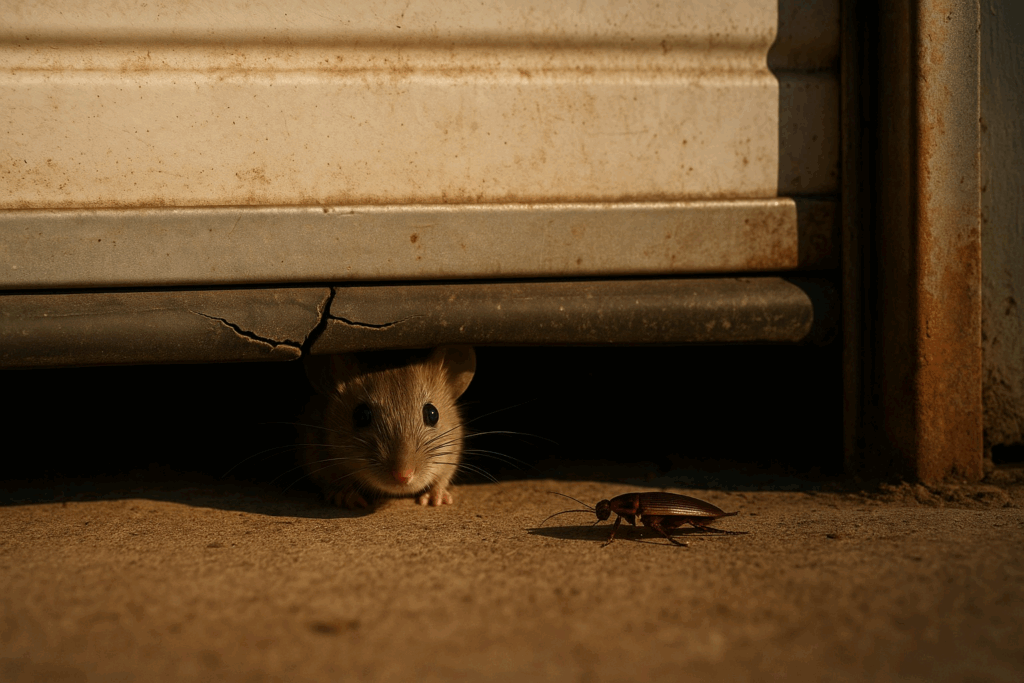 Mouse and cockroach entering through cracked seal showing need to repair garage door.