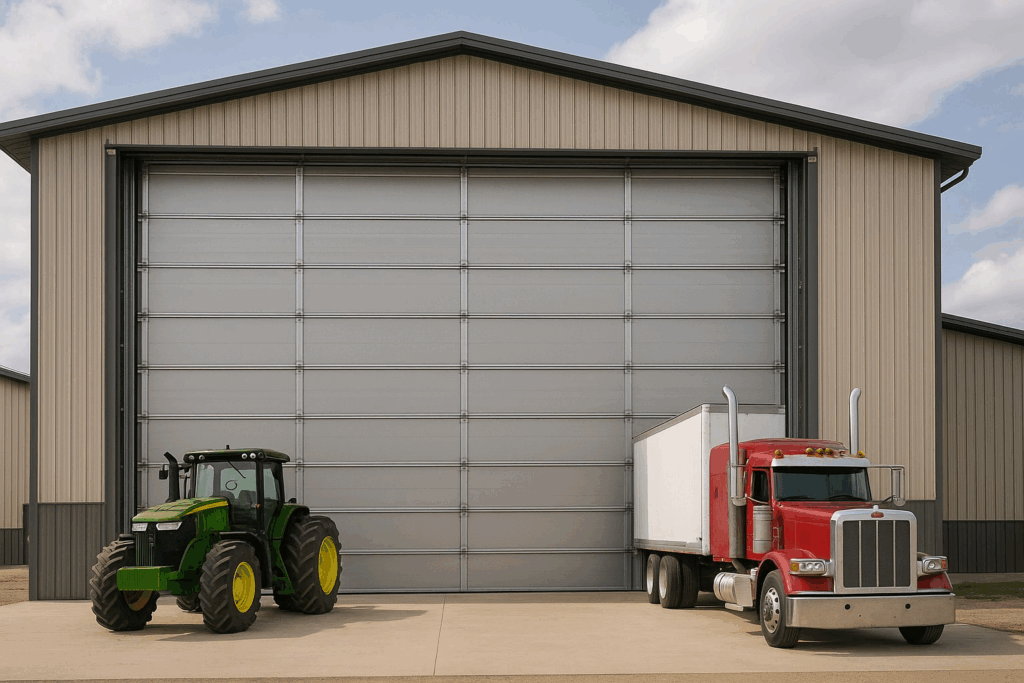 Large metal entrance with tractor and semi truck parked outside showing scale of industrial garage door.