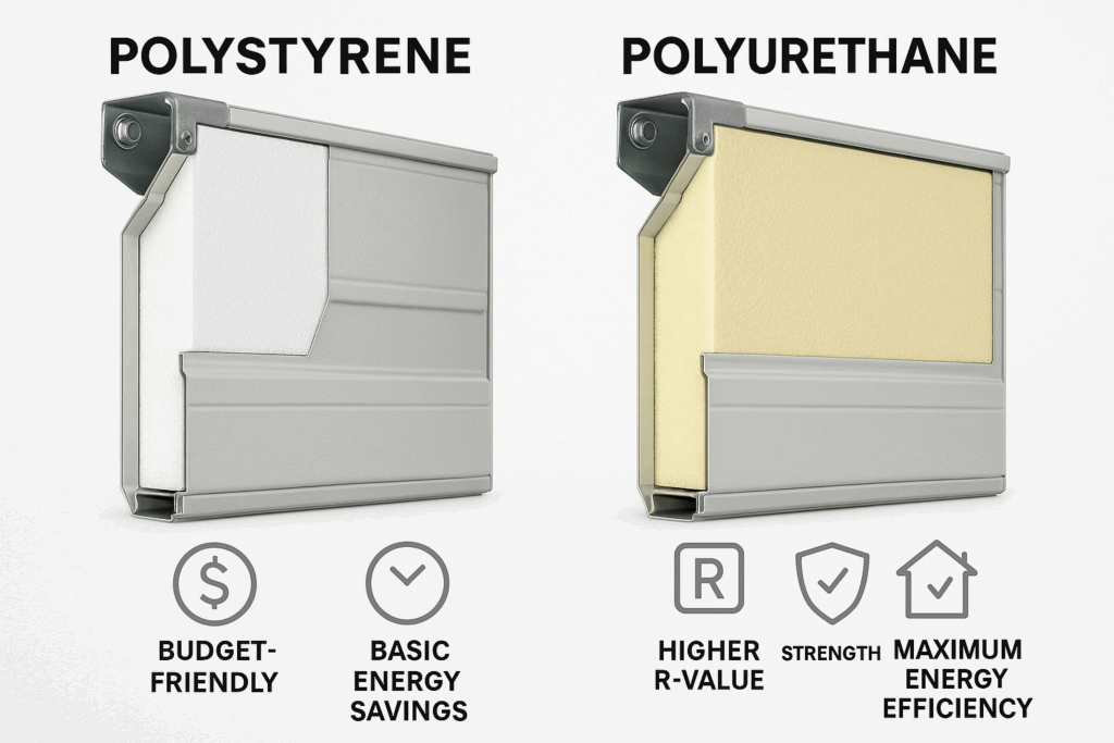 Insulation comparison for modern garage doors showing polystyrene vs polyurethane panels.