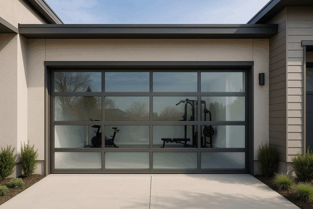 Home gym visible through sleek glass panel modern garage doors.